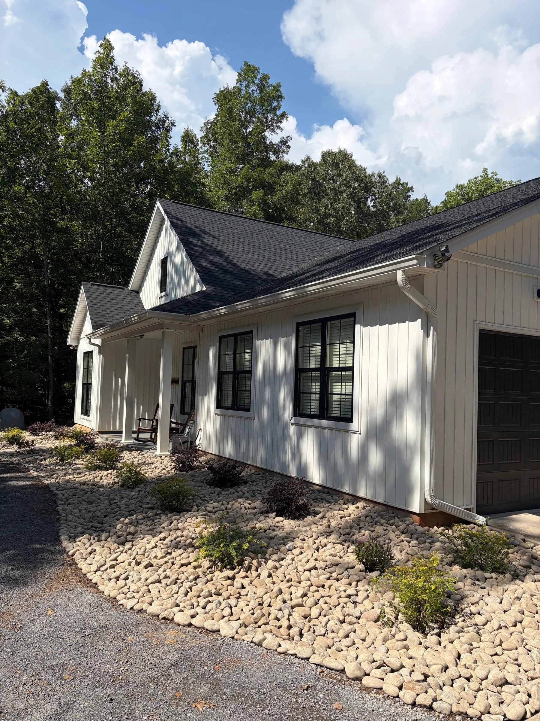 New construction home with fresh rock beds and foundation plantings